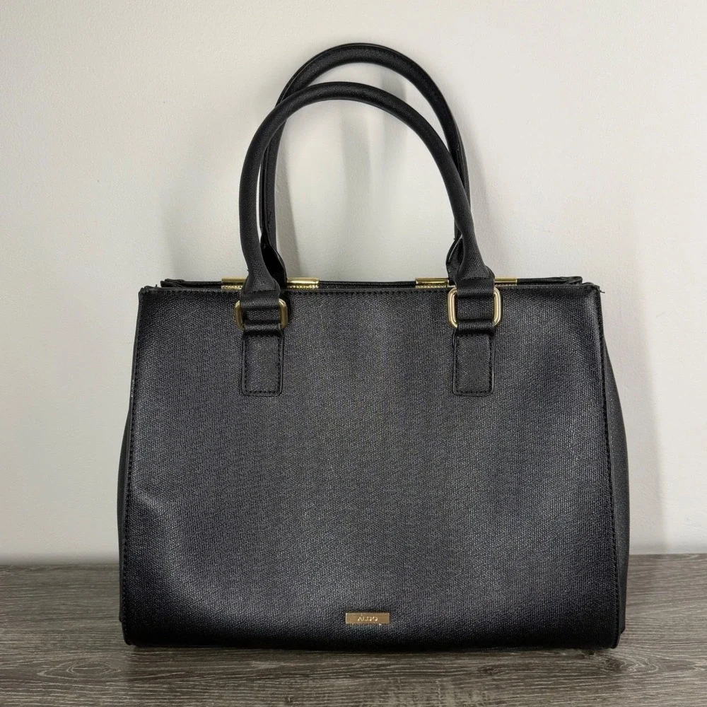 Aldo Black Embossed Geometric Satchel Handbag Gold Hardware Crossbody Bag Medium